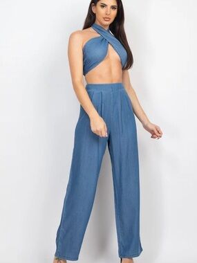 Blue Cross-Front Halter & Pants